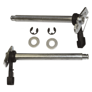 Two metal shafts with black mounting brackets and hardware (washers and retaining rings) laid out.