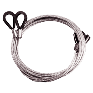 Coiled steel wire rope with looped ends secured by ferrules, ready for rigging or lifting use.
