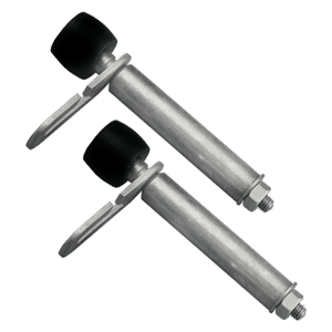 Two metal adjustable furniture levelers with black rubber pads and threaded bolts, shown diagonally.