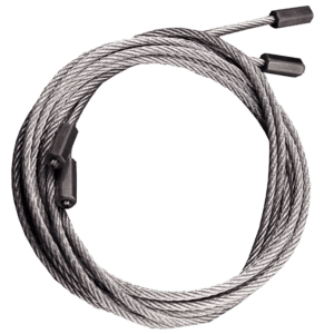 Coiled braided steel bike lock cable with a built-in lock mechanism at one end and caps on the ends of the cable wires.