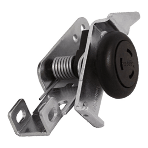 Black circular lock knob attached to a metal mounting bracket with a spring-loaded mechanism.