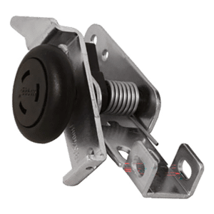 Spring-loaded metal latch mechanism with brackets and a black knob-like end used to secure a door or panel
