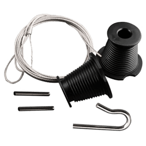 Assorted hardware pieces: braided steel cable, black plastic spools, and metal U-shaped hooks/tools.