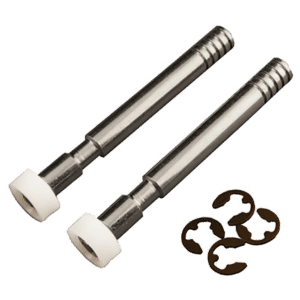 Two stainless steel bolts with white plastic spacers and three brown retaining rings (circlips).