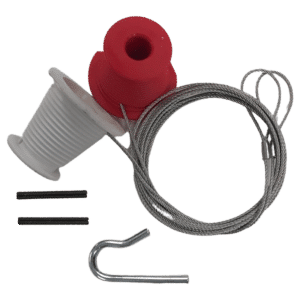 Bike lock kit components: braided steel cable, red and white plastic spools, two black caps, a metal hook, and small rubber spacers.