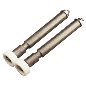 Pair of metal roller pins with white plastic wheels for a sliding door application