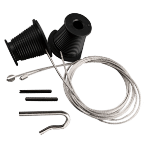 Coiled steel wire rope with hooks and mounting hardware (industrial cable kit). Subcomponents include black threaded spacers and small pins for assembly.