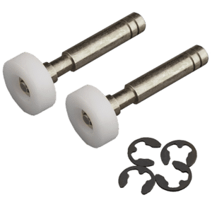 Two metal-axle roller wheels with white plastic rims and several C-shaped retaining rings.
