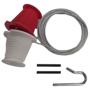 Cable lock with red and white plastic housing, braided steel cable, two black zip ties, and a metal hook.