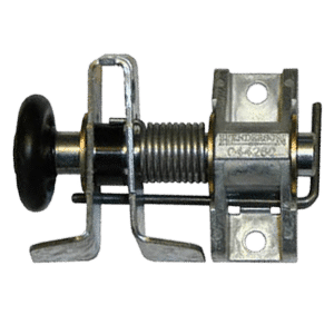 Spring-loaded door latch with a black knob and mounting brackets for cabinet or panel installation