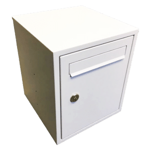 White metal lockable cabinet with a single front drawer and a key lock on the lower door