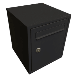 Black metal filing cabinet or pedestal with a lockable front drawer and a recessed handle.