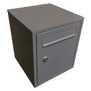 Gray metal filing cabinet with a single front drawer and a key lock.