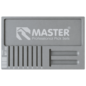 Gray Master Professional Pick Sets storage case with eight numbered slots (1–8) and a two-prong tool recess on the right, featuring the brand logo on top.
