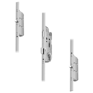 Mortise lock hardware with central lock body and two strike plates on a door edge.