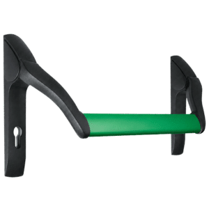 L38196_1 - Ironmongery Warehouse Green exercise bar with foam-covered central rod and black end handles for core/leg workouts; a portable workout bar.