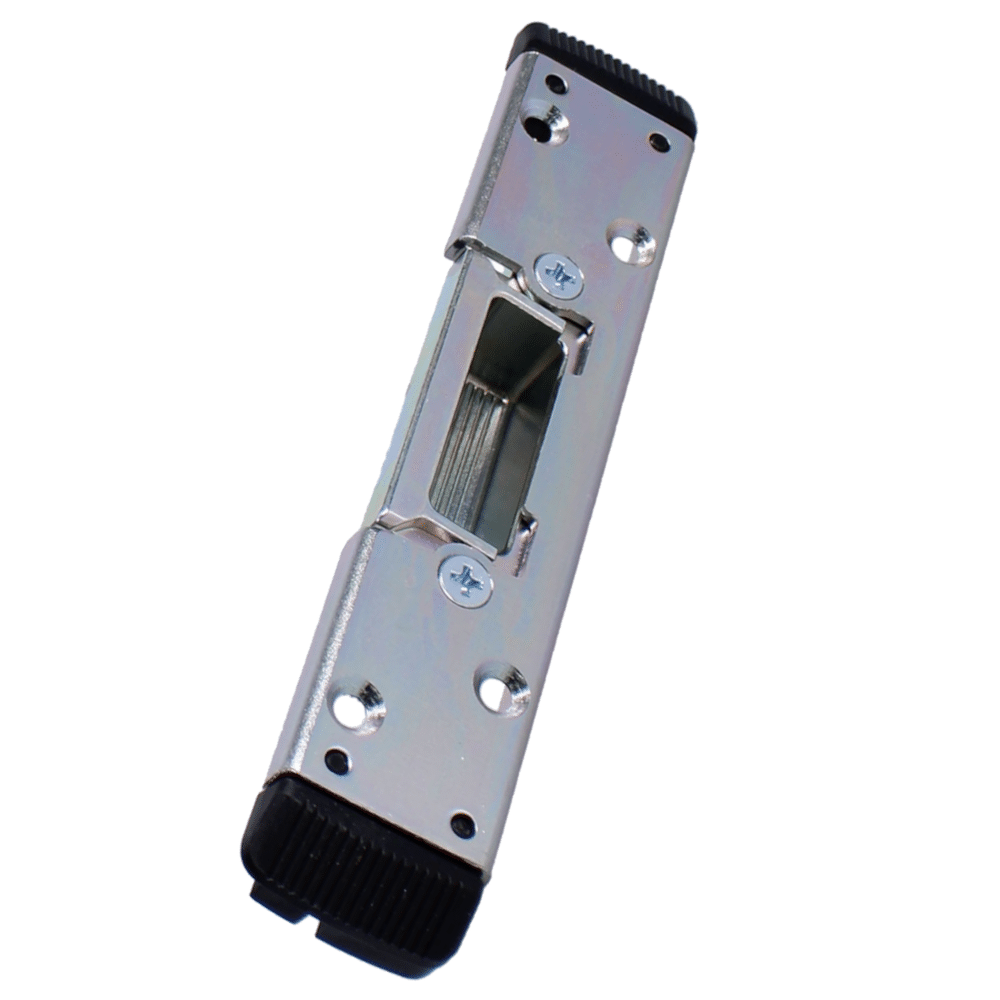 L38198_1 - Ironmongery Warehouse Metal door strike plate with a sliding bolt and screw holes.
