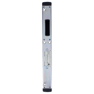Vertical metal door strike/lock mechanism with mounting screws and a rectangular latch slot on a silver faceplate