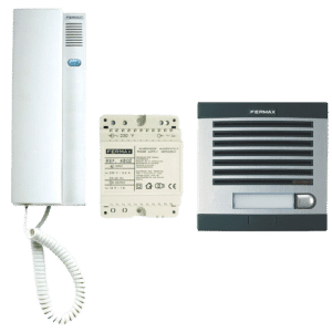 Indoor white Fermax intercom handset with a coiled cord (left). Bottonless white power supply module in the center. Fermax door entry panel with speaker grills on the right.