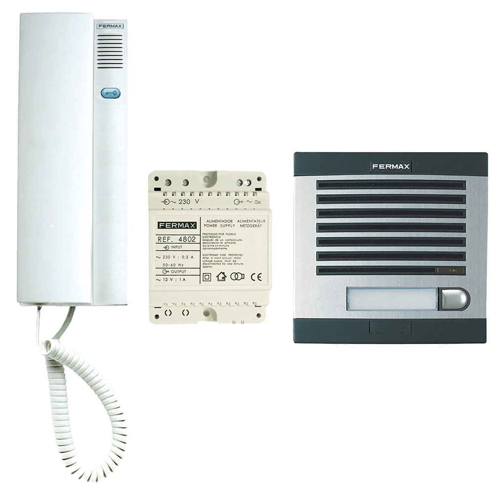 L38204_1 - Ironmongery Warehouse Indoor white Fermax intercom handset with a coiled cord (left). Bottonless white power supply module in the center. Fermax door entry panel with speaker grills on the right.