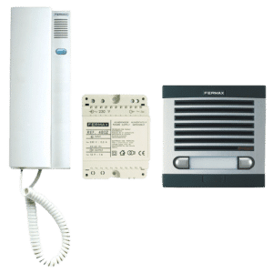 Fermax door intercom kit with indoor handset, power supply module, and control panel.