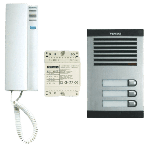 Fermax building entry system: wall-mounted intercom with handset, a white power supply module, and a brushed metal door entry panel with four call buttons.