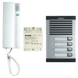 FERMAX intercom system components: wall-mounted handset, power supply module, and multi-tenant door entry panel side by side