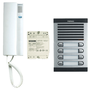 Fermax door entry system components: white outdoor intercom unit, matching power transformer, and a silver multi-tenant door panel with slots.