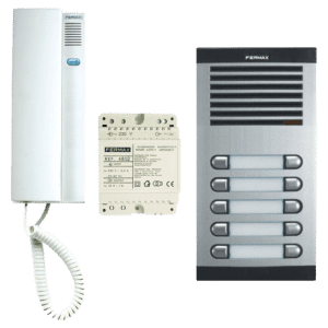 Fermax door entry system: outdoor intercom unit, power supply, and a multi-button indoor access panel.