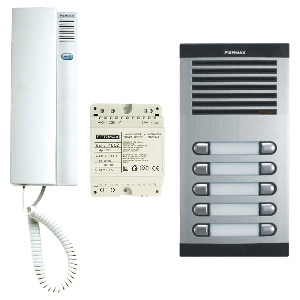 L38210_1 - Ironmongery Warehouse Fermax door entry system: outdoor intercom unit, power supply, and a multi-button indoor access panel.