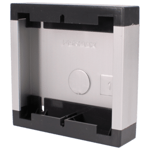 Back view of a silver Fermax wall-mount intercom housing with black top/bottom accents and a circular feature in the center.