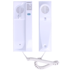 Two vertical wall-mounted intercom panels with a connected hand-held receiver and coiled cord between them.