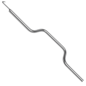 Curved stainless steel medical instrument with two bends on a white background, showing a smooth, shiny shaft