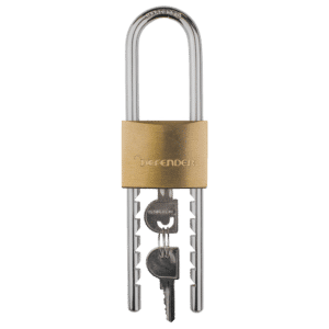 Defender brass padlock with a closed silver shackle and two keys hanging from the lock body edge