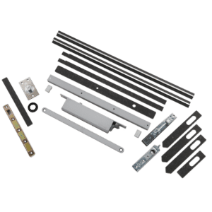 Assorted metal drawer slide components, including rails, brackets, rollers, and plates.