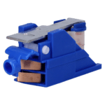 Blue plastic electrical connector with visible copper contact blades and a metal mounting plate on top, used to join wires or components.