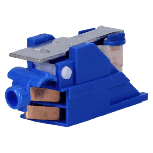 Blue plastic electrical connector with visible copper contact blades and a metal mounting plate on top, used to join wires or components.