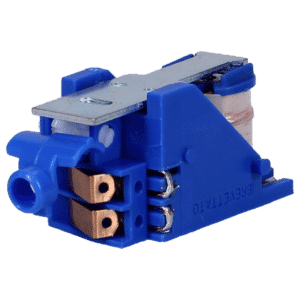 Blue plastic terminal block connector with copper contact tabs for wire insertion; used to join electrical wires.
