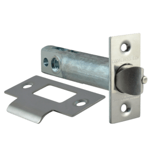 Door latch with strike plate and knob mechanism, metal hardware for a door edge.