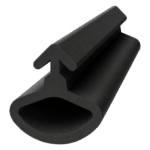 Black rubber door stop wedge with a curved end and a small hooked hanger for hanging when not in use.
