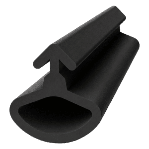 Black rubber door stop wedge with a curved end and a small hooked hanger for hanging when not in use.