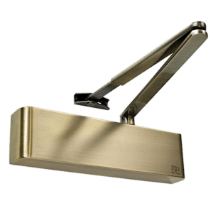 Gold-colored handheld staple gun with a metallic finish on a plain background