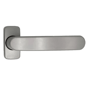Metal door lever handle with rectangular backplate on a brushed finish surface, horizontal orientation, modern design