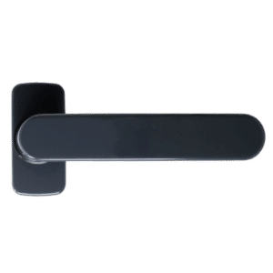 Dark metal door lever handle mounted on a rectangular plate (horizontal lever, rounded ends).