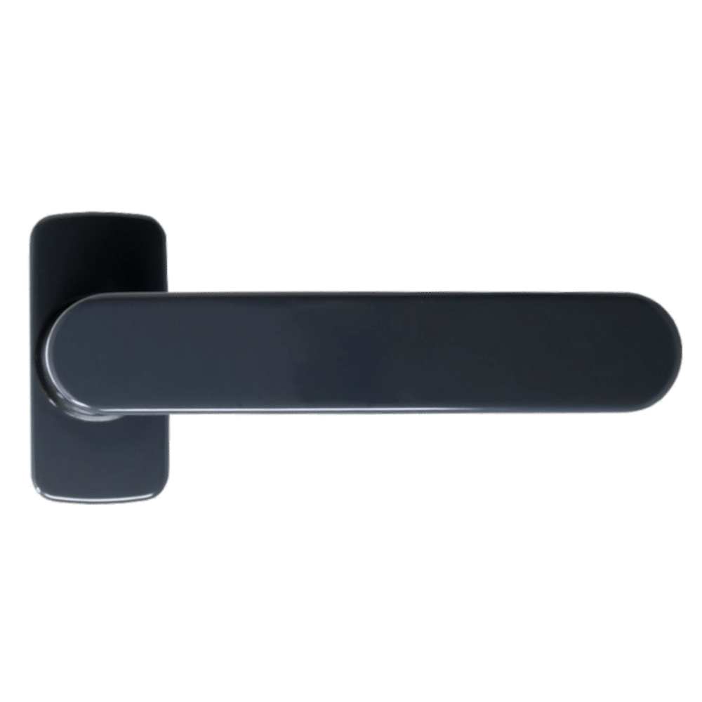 L38242_1 - Ironmongery Warehouse Dark metal door lever handle mounted on a rectangular plate (horizontal lever, rounded ends).