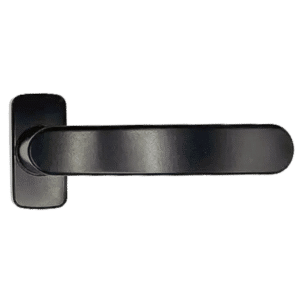 Black metal door lever handle with a rectangular backplate on the left side