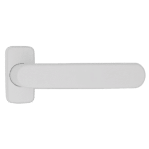 White door lever handle on a rectangular backplate