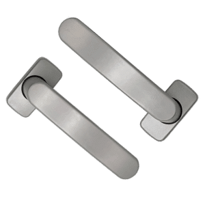 Pair of stainless steel lever door handles with rectangular backplates on a black background