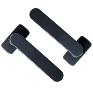 Pair of dark gray, oval door handles with rounded bars and square bases, arranged diagonally on a black background.