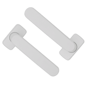 Pair of white door lever handles with square backplates, facing opposite directions against a dark background.